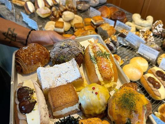 Tray of fresh pastries and bread at a bakery on Koh Samui
