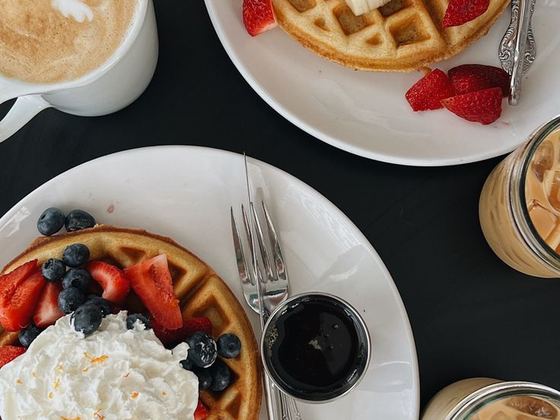 Waffles, berries and coffee at a Koh Samui café
