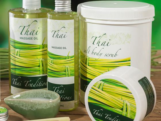Thai massage oil, body scrub and herbal balms